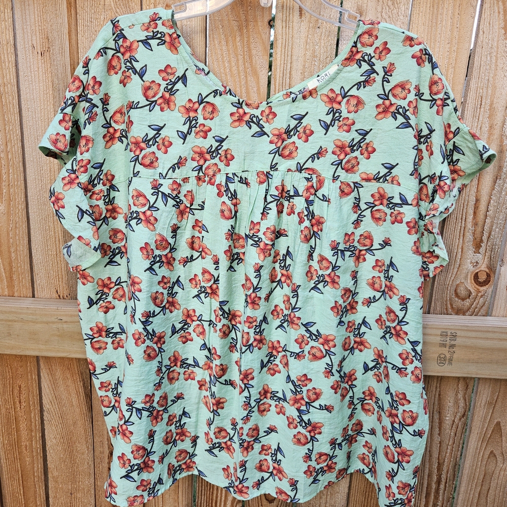 Kori Mint Green Blouse with Red Floral Design